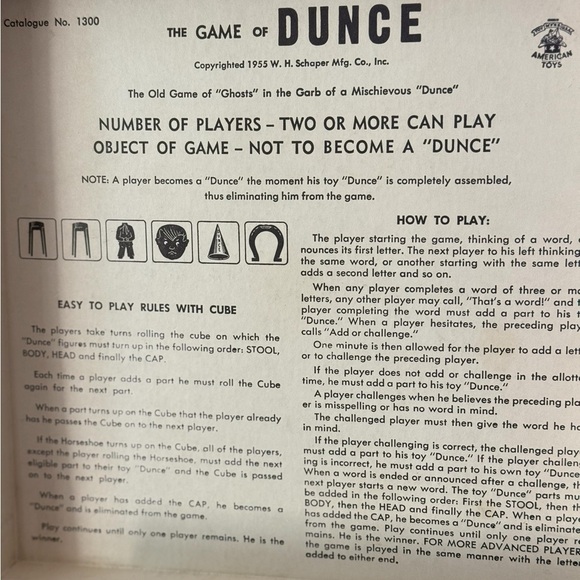Vintage Dunce game 1955 W.H. Shaper MFG Co Complete with dice and pieces - Picture 7 of 7